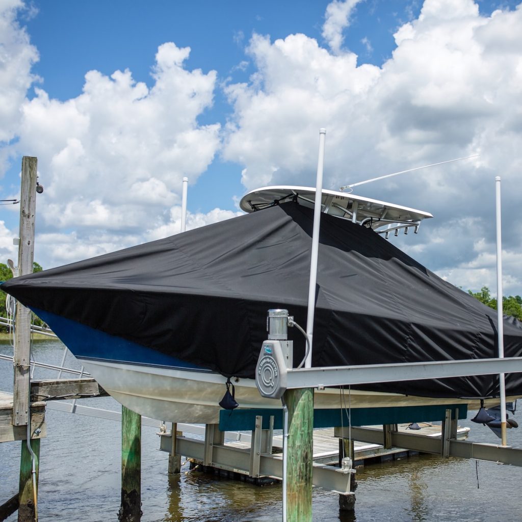 Full-coverage T-Top Boat Cover protecting console, seating and deck.
