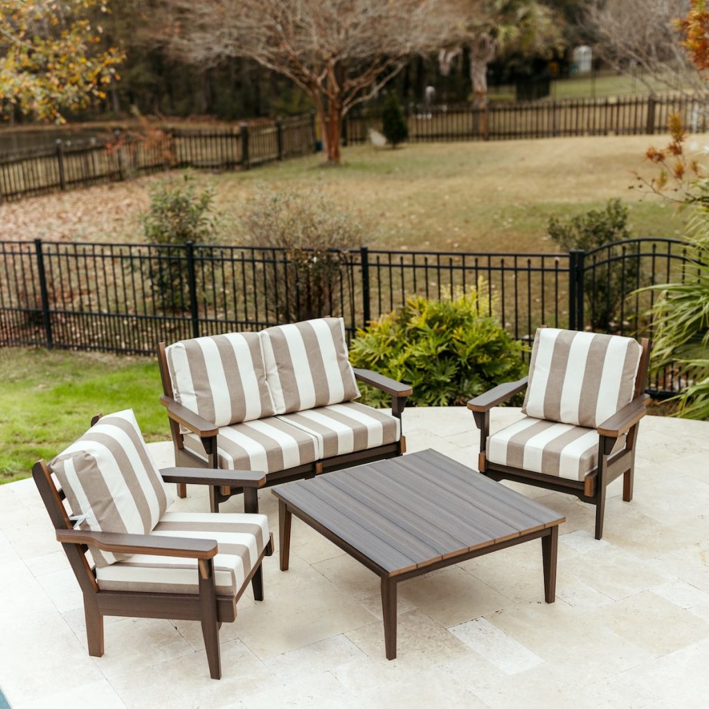 outdoor furniture with Sunbrella cushions and durable poly lumber seating