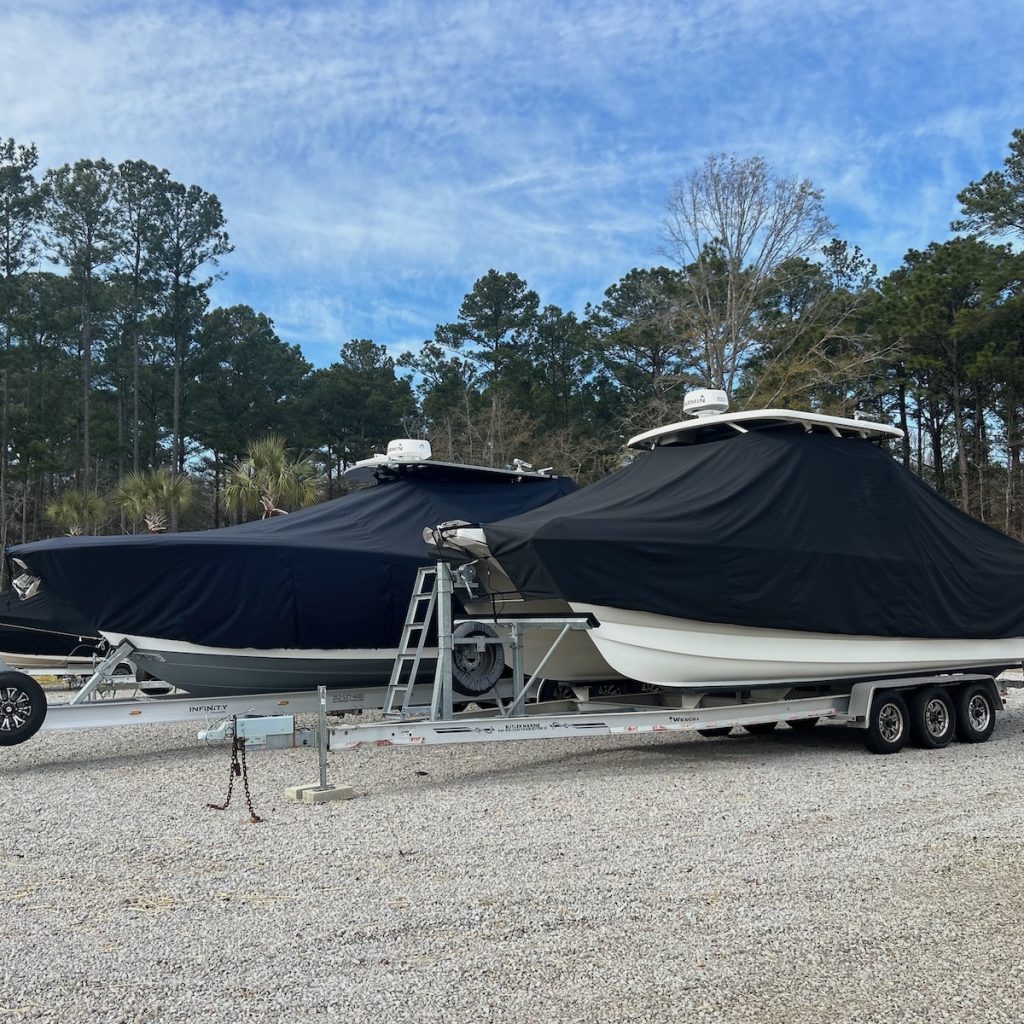 LaPorte Products T-Top Boat Cover protecting center console boat in storage.