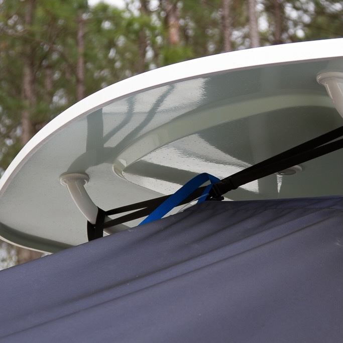 Royal blue webbing straps on LaPorte Products T-Top Boat Cover.