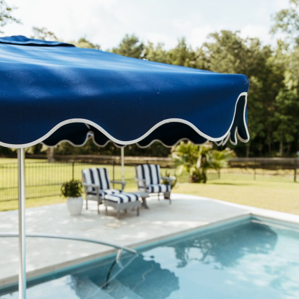 Outdoor seating with Sunbrella fabric cushions and canopies are designed to resist fading, mildew, and outdoor wear.