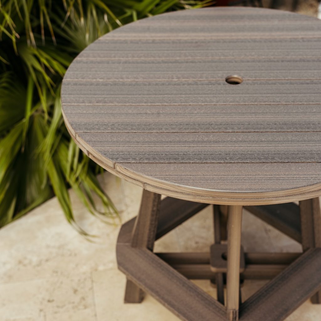 Close-up of Tangent Poly Lumber outdoor furniture showcasing durable weather-resistant construction.