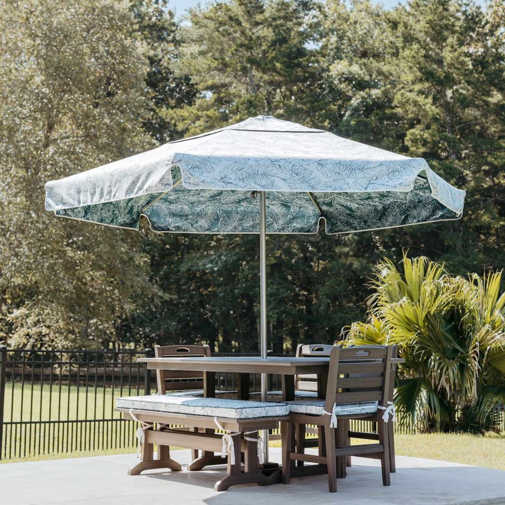 All weather outdoor furniture arranged for fall entertaining